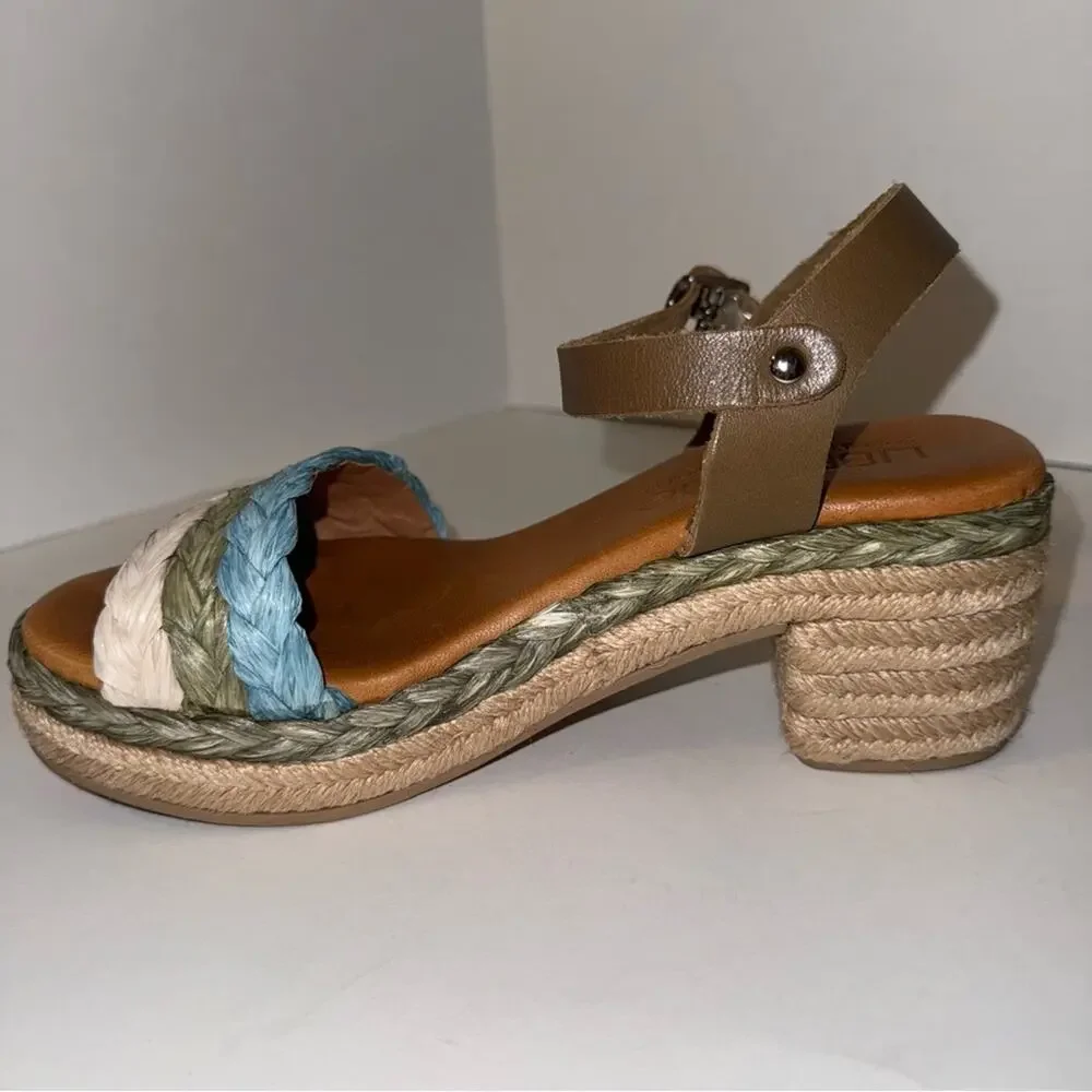 NWOT LIBERITAE ankle strap woven block heel boho vacation resort espadrilles 37